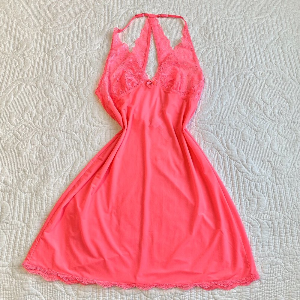 Victoria's Secret Neon Pink & Lace Sheer Halter Slip Dress Chemise 2013
